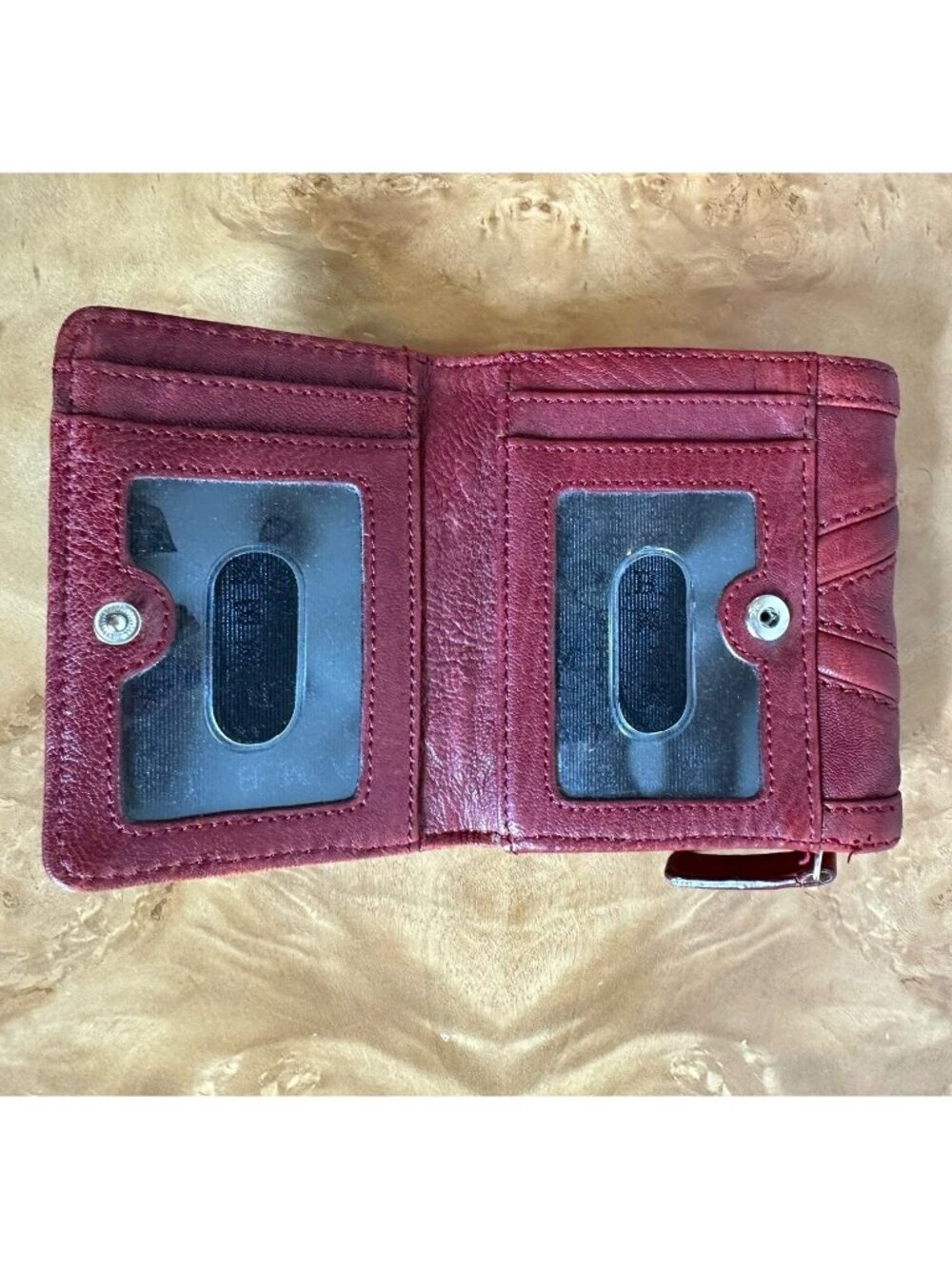 L.A.M.B. by Gwen Stefani Maroon Patchwork Leather Bifold Wallet Zip Coin Purse - Picture 6 of 8